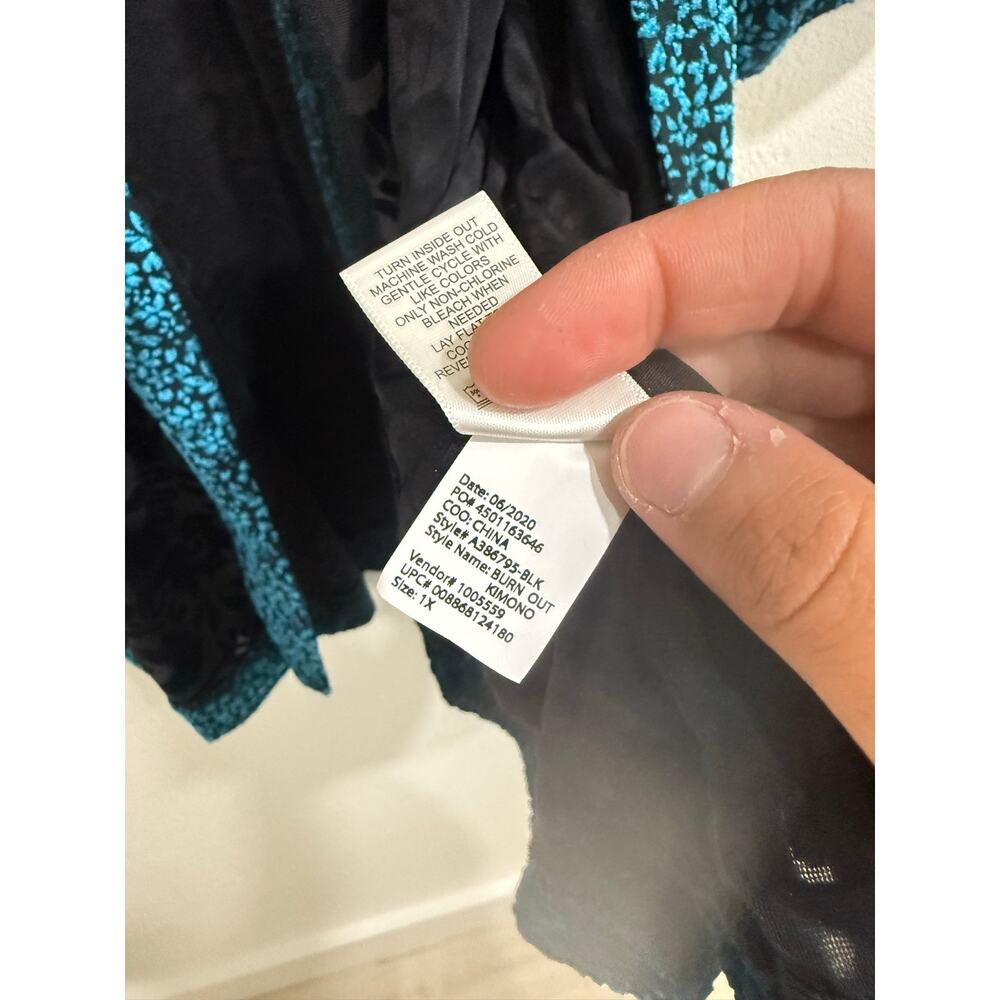 LOGO Lavish Lori Goldstein Burnout Velvet Kimono Duster Black Teal Boho Size 1X - Picture 6 of 6